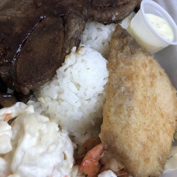 M & M BBQ - Seafood Combo with BBQ short ribs and garlic shrimp. Garlic shrimp is under the mahi-mahi. - Hawaiian Near Me - Aiea, Hawaii M & M BBQ - Seafood Combo with BBQ short ribs and garlic shrimp. Garlic shrimp is under the mahi-mahi. - Hawaiian Near Me - Aiea, Hawaii