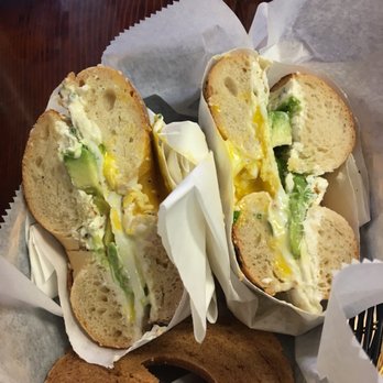Gotham Bagels - Everything bagel with scallion cream cheese, avocado, and fried egg. Came with a bagel chip-pretty good overall! - Bagels Near Me - Madison, Wisconsin