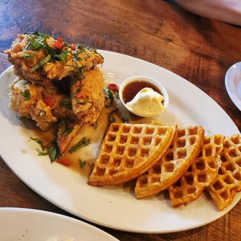 Nue - 9.13.21 - Chengdu chicken & Waffles - $19 - Tapas/Small Plates Near Me - Seattle, Washington