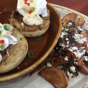 Another Broken Egg Cafe - Crab cake egg Benedict with Mediterranean potatoes - Breakfast & Brunch Near Me - Houston, Texas Another Broken Egg Cafe - Crab cake egg Benedict with Mediterranean potatoes - Breakfast & Brunch Near Me - Houston, Texas