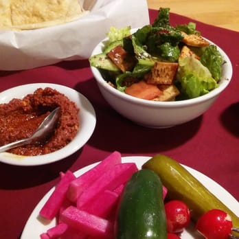 Kebab Halebi - Mouhamara, Fattoush, pickle plate and warm pita bread...happiness on that table! - Middle Eastern Near Me - Van Nuys, California Kebab Halebi - Mouhamara, Fattoush, pickle plate and warm pita bread...happiness on that table! - Middle Eastern Near Me - Van Nuys, California