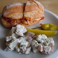 The Arlington - Meatball Sandwich with Potato Salad, Pickle, and Peperoncini