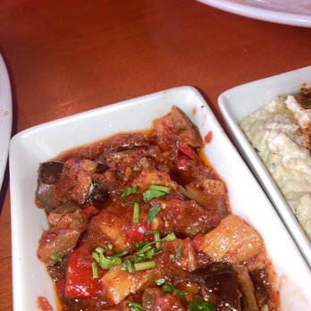Selda Mediterranean - Saksuka which is seared eggplant with peppers and tomatoes. Served cold with pita. - Bars Near Me - Dallas, Texas Selda Mediterranean - Saksuka which is seared eggplant with peppers and tomatoes. Served cold with pita. - Bars Near Me - Dallas, Texas