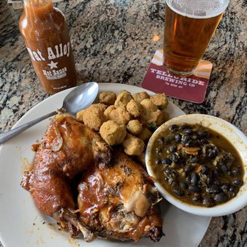 OAK Beer,Bourbon & BBQ - Half Chicken with fried okra and black beans with spinach - Barbeque Near Me - Telluride, Colorado OAK Beer,Bourbon & BBQ - Half Chicken with fried okra and black beans with spinach - Barbeque Near Me - Telluride, Colorado