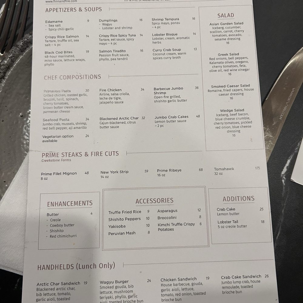 Finn and Fire - Dinner Menu - Sushi Bars Near Me - Alexandria, Virginia