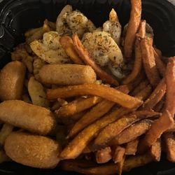 Clam Digger Restaurant - Select 2 seafood dinner. Clam strips and grilled shrimp with sweet potato fries
