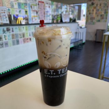 E T Tea & Popcorn Chicken - Coffee Latte with brown sugar boba and caramel on top - Bubble Tea Near Me - Mesa, Arizona E T Tea & Popcorn Chicken - Coffee Latte with brown sugar boba and caramel on top - Bubble Tea Near Me - Mesa, Arizona