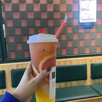 Greatea - grapefruit tea w/ lychee jelly and mango popping boba - Bubble Tea Near Me - Johns Creek, Georgia