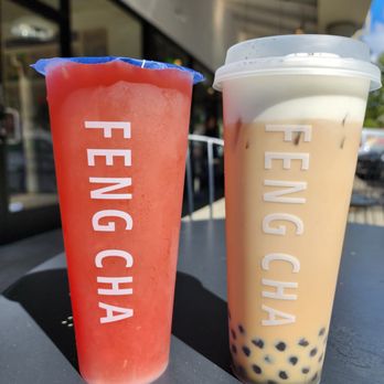 Feng Cha - Summer Melon on the left. Cookies & Cream Milk Tea with Boba on the right. - Desserts Near Me - Mountain View, California Feng Cha - Summer Melon on the left. Cookies & Cream Milk Tea with Boba on the right. - Desserts Near Me - Mountain View, California