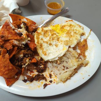 Donna Kaye's Cafe - Chorizo Chilaquiles,Eggs Hash browns spicy salsa on the side A++ - American Near Me - Bakersfield, California