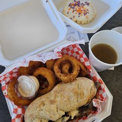 Starliner Diner - The Rachero with a side of onion rings and a sugar cookie