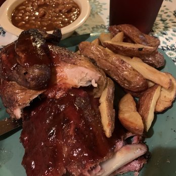Leatha's Bar-B-Que - Ribs & Chicken w/ baked beans and fried potatoes   Half & Half - Barbeque Near Me - Petal, Mississippi