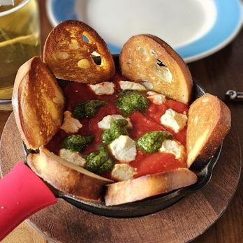 Blue Pan Pizza - Crostini with marinara, goat cheese, and pesto dip - Pizza Near Me - Denver, Colorado