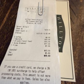 Hilltop Tavern - Total bill plus 20% tip... and a 4% card charge - Burgers Near Me - Brooklyn, New York