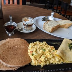 Vegan breakfast - teff pancakes, just egg scramble, and spinach crepe