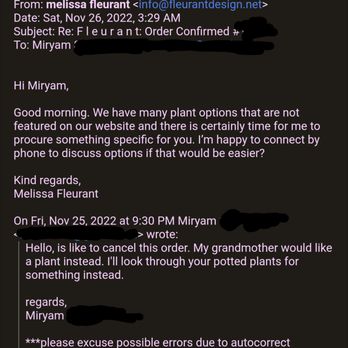 Fleurant Flowers & Design - Cancellation email. It was clear and understood I cancelled the order for the flowers. - Florists Near Me - Kennebunk, Maine Fleurant Flowers & Design - Cancellation email. It was clear and understood I cancelled the order for the flowers. - Florists Near Me - Kennebunk, Maine