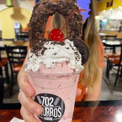 702 Churros & More - Strawberry Milkshake, chocolate Churro Loop