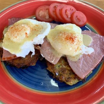 Sky Mountain Pizza - Zucchini cake Benedict with a side of tomatoes and local coffee - Pizza Near Me - Fairview, North Carolina