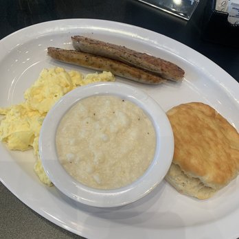 Grits and Eggs Breakfast Kitchen - Grits and eggs breakfast with chicken sausage and a biscuit. - Breakfast & Brunch Near Me - Atlanta, Georgia