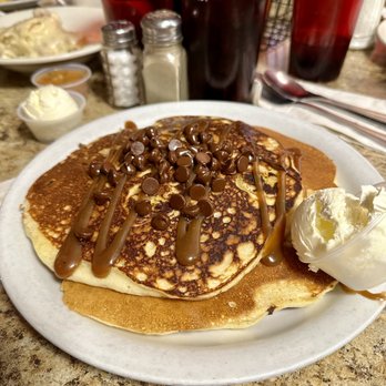 Carolyn's Cafe - Banana chocolate chip pancakes with peanut butter sauce - Breakfast & Brunch Near Me - Redlands, California