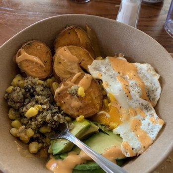 Tomato Pie Cafe - Sweet Potato Breakfast Bowl containing quinoa, black beans, corn, avocado and two fried eggs on top. Fantastic! - Salad Near Me - Lititz, Pennsylvania Tomato Pie Cafe - Sweet Potato Breakfast Bowl containing quinoa, black beans, corn, avocado and two fried eggs on top. Fantastic! - Salad Near Me - Lititz, Pennsylvania