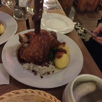 Hofbräu Berlin - Pork knuckle plate with meat, chewy potato balls (think potato flavored mochi), lightly dressed coleslaw and of course...more meat. - Bavarian Near Me - Berlin, BE