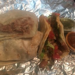 Bean burrito and tacos--note the double tortilla taco to resist breakage.