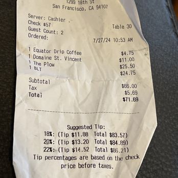 Plow - Receipt - Breakfast & Brunch Near Me - San Francisco, California