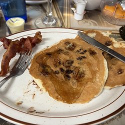 Banana chocolate chip pancakes with bacon