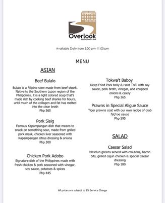 Menu photo 3 Overlook Restaurant & Bar Angeles, PAM