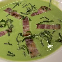 Green pea gazpacho with bacon. Green pea gazpacho with bacon.