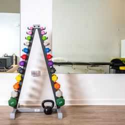 Elevate Physical Therapy - Rack of weights used during physical therapy sessions with clients.