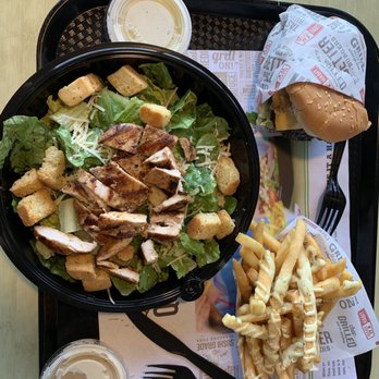 Habit Burger & Grill - Chicken Caesar salad with dressing on the side, double char burger with bacon added and garlic aioli fries - Salad Near Me - Antioch, California Habit Burger & Grill - Chicken Caesar salad with dressing on the side, double char burger with bacon added and garlic aioli fries - Salad Near Me - Antioch, California