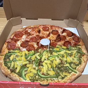Delish Pizza - This is our to go. Half pepperoni and cheese half Reg Pesto w Bell peppers and pineapple and .05oz of cheese on that side only. Ty!! - Pizza Near Me - Gold River, California