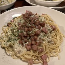 White clam sauce spaghetti with spam