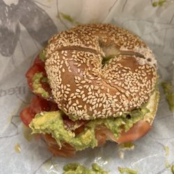 Mile End Bagels - Avocado, salmon, cream cheese bagel on sesame