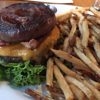 Chop Shop - Butcher's Burger, medium rare, aged cheddar cheese, bacon, charred red onion, no bun, with fries. - Bars Near Me - Chicago, Illinois
