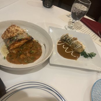 Global Grill - Chiles Rellenos & cobia in a thyme and basil biscuit topped with crawfish étouffée - New American Near Me - Pensacola, Florida
