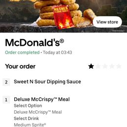 Ordered a chicken meal. But we received a burger with Big Mac sauce? No straw and COLD fries, after waiting 20 minutes at 3am. TERRIBLE Ordered a chicken meal. But we received a burger with Big Mac sauce? No straw and COLD fries, after waiting 20 minutes at 3am. TERRIBLE