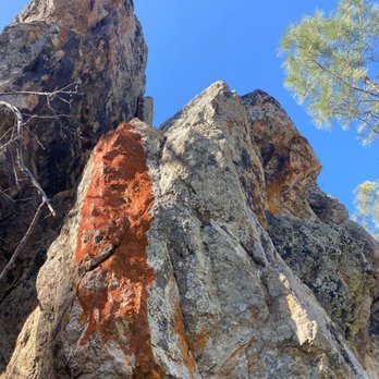 High Peaks Trail - Orange-colored lichen on rocks next to Blue Oaks Trail.  Further uphill, this trail changes its name to High Peaks Trail. - Hiking Near Me - Paicines, California