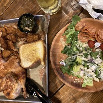 BubbaQue's - 2 choice combo, 1/2 Chicken "very tender and moist" and Fried Shrimp with 2 sides (collard greens and salad bar). - Barbeque Near Me - Leesville, Louisiana