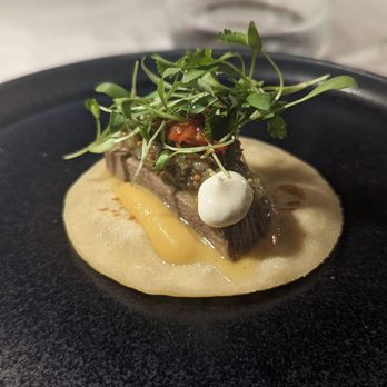 Hapa Bistro - Appetizer -- Beef Tongue Taco: Lentil Purée, Beef Tongue, Tomato Confit, Tofu Aioli - French Near Me - San Bruno, California Hapa Bistro - Appetizer -- Beef Tongue Taco: Lentil Purée, Beef Tongue, Tomato Confit, Tofu Aioli - French Near Me - San Bruno, California