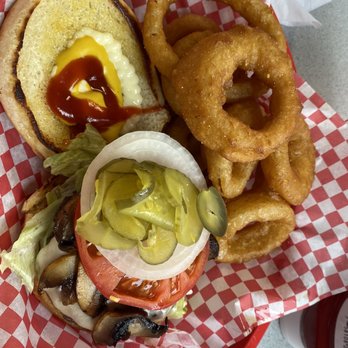 Rama Jama's - Hamburger with Swiss and mushroom, onion rings. - Breakfast & Brunch Near Me - Tuscaloosa, Alabama