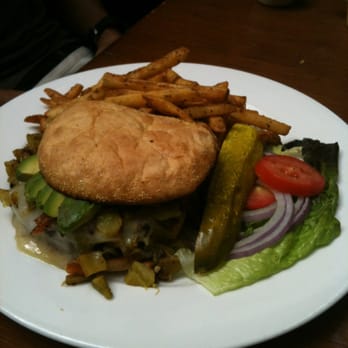 La Plazuela - Kit Carson burger with bacon, green chile and avocado.  Huge portions! - New American Near Me - Santa Fe, New Mexico