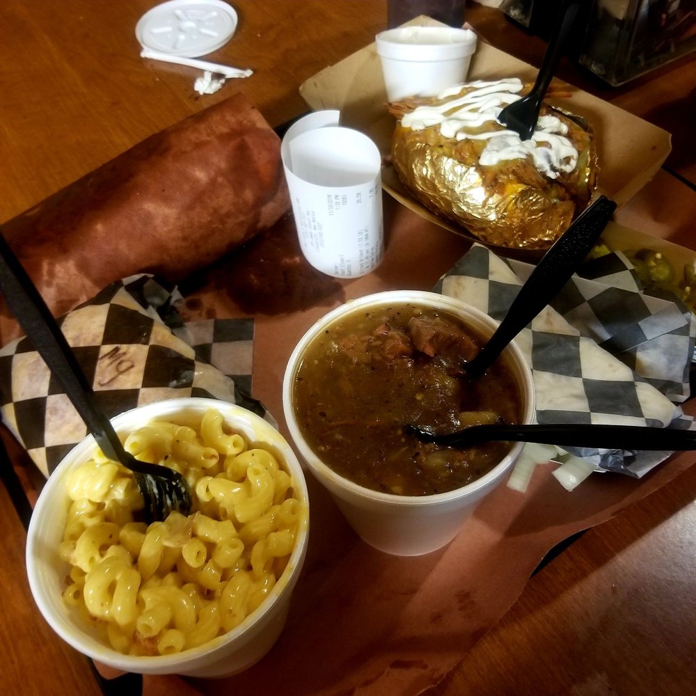Mad Jack's Mountaintop Barbecue - A sample of the menu. Daily special "Ther Mad Gobbler", one and a half lb brisket, loaded potato with pork, mac n cheese, green chili stew. - Barbeque Near Me - Cloudcroft, New Mexico Mad Jack's Mountaintop Barbecue - A sample of the menu. Daily special "Ther Mad Gobbler", one and a half lb brisket, loaded potato with pork, mac n cheese, green chili stew. - Barbeque Near Me - Cloudcroft, New Mexico