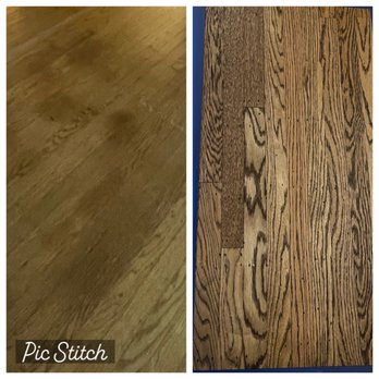 Lugo Hardwood Floors - Left is 30 years old; dark spots remained after sanding. Right side is after new stain and refinishing. This is red oak - Flooring Near Me - San Mateo, California Lugo Hardwood Floors - Left is 30 years old; dark spots remained after sanding. Right side is after new stain and refinishing. This is red oak - Flooring Near Me - San Mateo, California