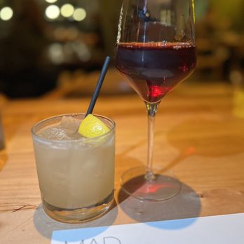 Mad & Vin - Chilled Sangiovese (very good) and lemon penicillin (not sure of the specific name, but we'll balanced) - New American Near Me - Solvang, California Mad & Vin - Chilled Sangiovese (very good) and lemon penicillin (not sure of the specific name, but we'll balanced) - New American Near Me - Solvang, California