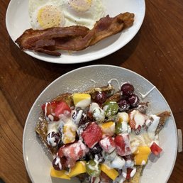 French Toast, 2 over easy eggs, bacon French Toast, 2 over easy eggs, bacon