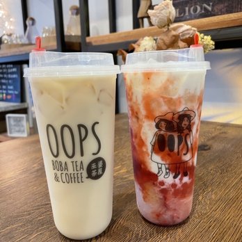 Oops Boba Tea & Coffee - Taiwan Tie Guanyin Milk Tea and Dirty strawberry milk - Bubble Tea Near Me - Arcadia, California Oops Boba Tea & Coffee - Taiwan Tie Guanyin Milk Tea and Dirty strawberry milk - Bubble Tea Near Me - Arcadia, California