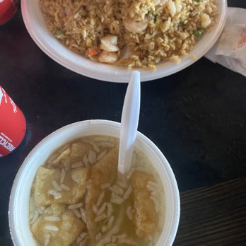 First Wok - Sizzling rice soup and shrimp fried rice served on styrofoam - Chinese Near Me - Atlanta, Georgia